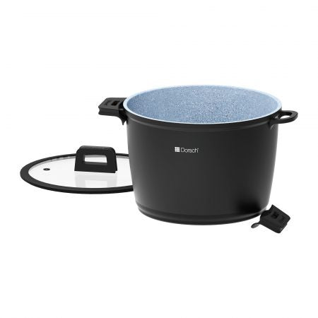 Dorsh Stock Pot Proglider Non-stick Marble Ceramic Coated, Die-casting Aluminum Glass Flat Lids with Silicon Rim Removable Silicon Handles