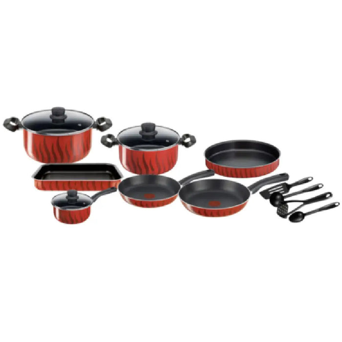 Tefal Tempo Flame - 14pcs Set: FP 24/ 28, Saucepan 16+ Glass Lid, Stewpots 24/ 28+ Glass Lids, Kebbe 28 Cm, Oven Dish, 29x22 4 Accessories (spoon, Ladle, Long Spatula, Potato Masher)