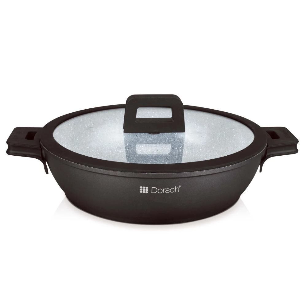 Dorsh Low Casserole - Ø28 Cm Proglider Non-stick Marble Ceramic Coated, Die-casting Aluminum Glass Flat Lids with Silicon Rim Removable Silicon Handles Dim: 28 Xh7.5