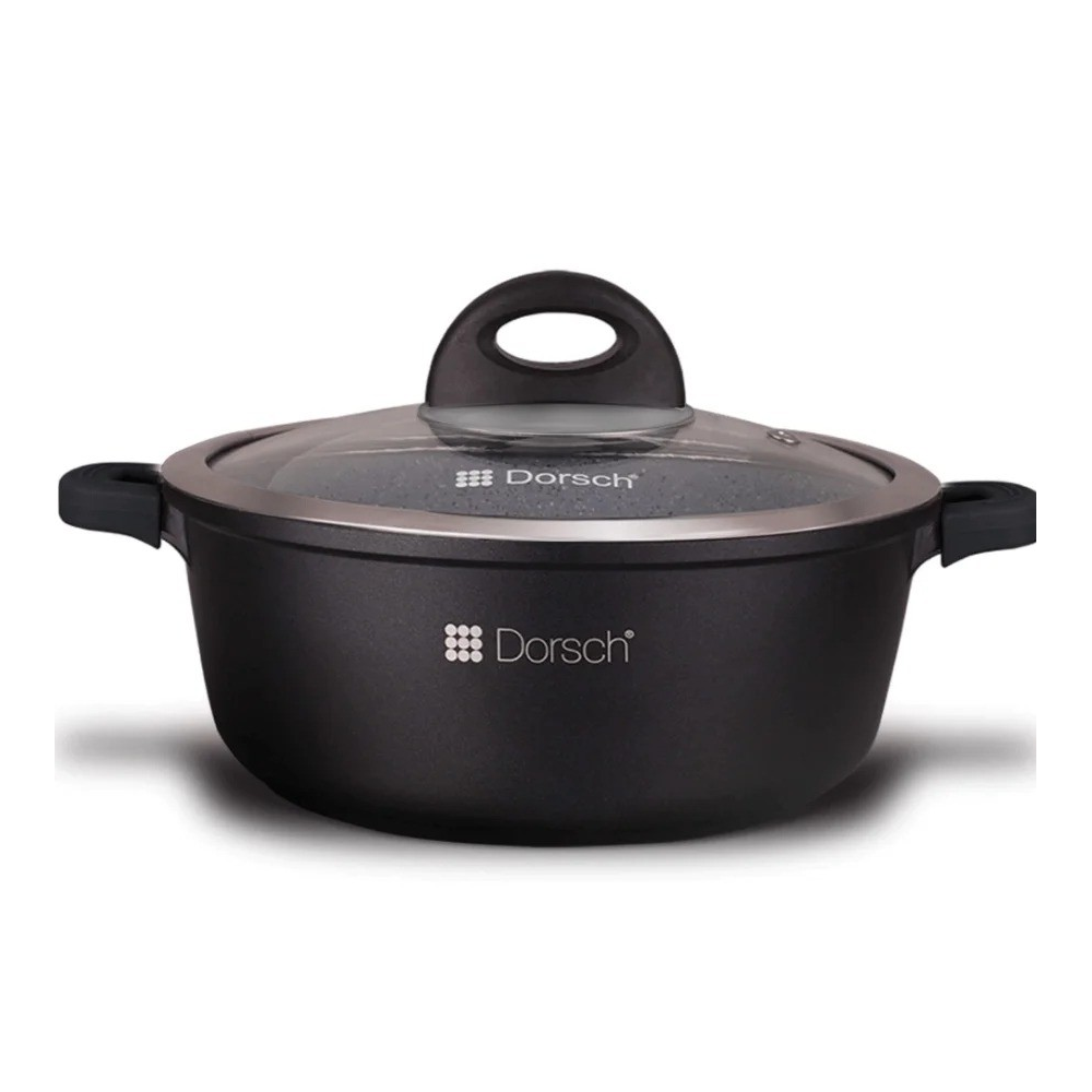 Dorsh Casserole - Ø40 Cm - 19 L Proglider Non-stick Marble Ceramic Coated, Die-casting Aluminum Glass Flat Lids with Silicon Rim Removable Silicon Handles