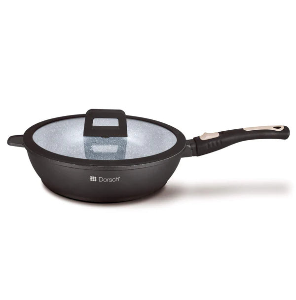 Dorsh Deep Fry Pan - Ø28cm Proglider Non-stick Marble Ceramic Coated, Die-casting Aluminum Glass Flat Lids with Silicon Rim Removable Handle / Oven Safe Without Handle Nor Lid Dim: 28xh7.4cm