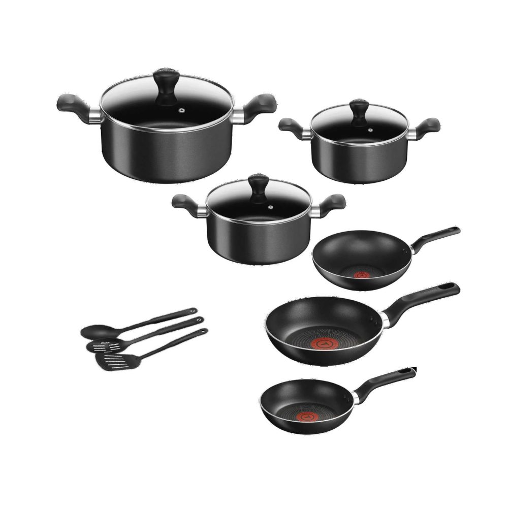Tefal Super Cook 12 Pc Set Black (frypan 22/24, Wokpan 28, Stewpot 22/24/28+ Lid, Spoon, Slotted Spoon, Long Spatula)