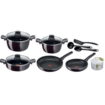 Tefal New G6 Resist Intense - 12pcs Set: Frypan 24-28 Cm, Stewpot 22/26 Cm W/glass Lid, Shallow Pot 26 Cm W/ Glass Lid, Spoon, Ladle & Spatula, Manual Chopper
